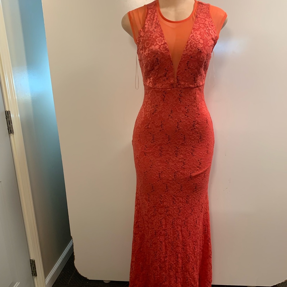 Women junior orange pink lace sequins halter maxi dress size (M) sleeveless